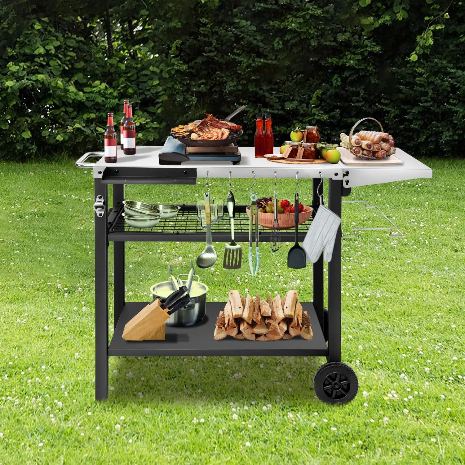 Outdoor Grill Cart Table Pizza Oven Stand, Three-Shelf Stainless Steel Food Prep Table Patio BBQ Grill Table Bar Cart Kitchen Is