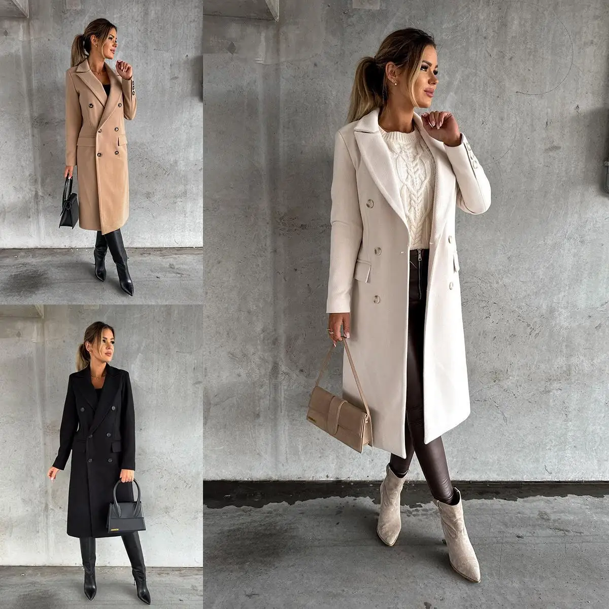 

Autumn Winter Women Long Sleeve Double Breasted Woolen Coat Women's Clothing Solid Color Coats Trench