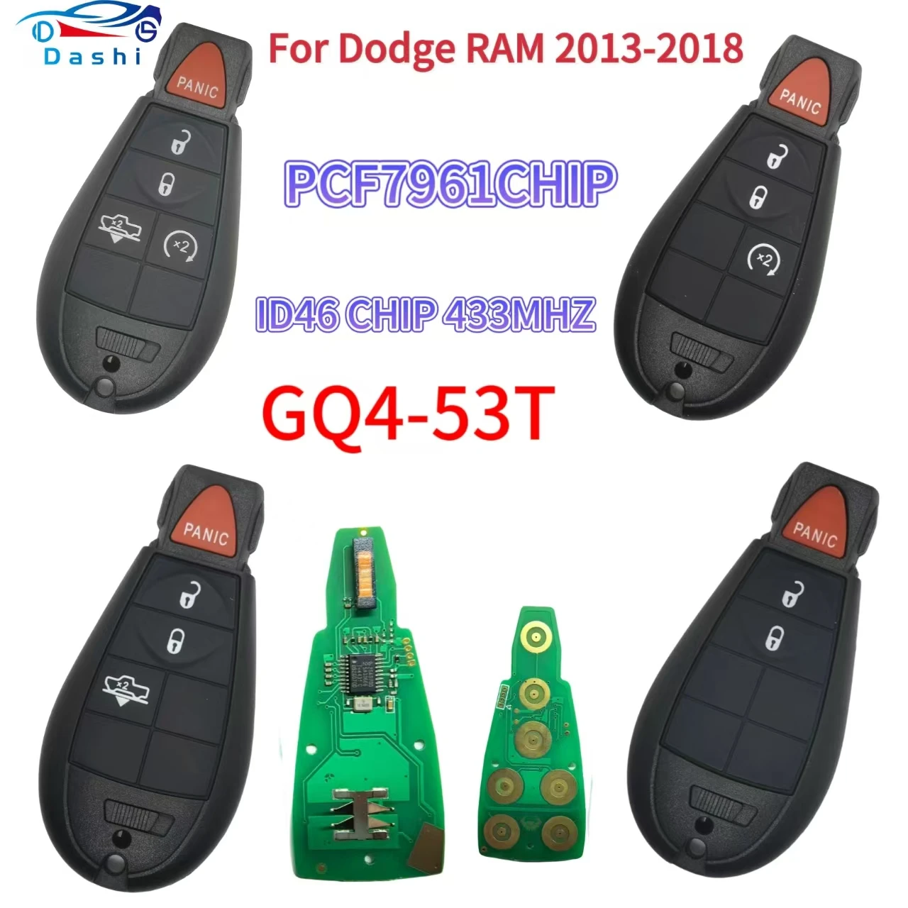 

433MHz ID46-PCF7961A Chip Car Remote Key for Dodge RAM 1500 2500 3500 4500 2013-2018 Compatible with 56046953 68159655 GQ4-53T