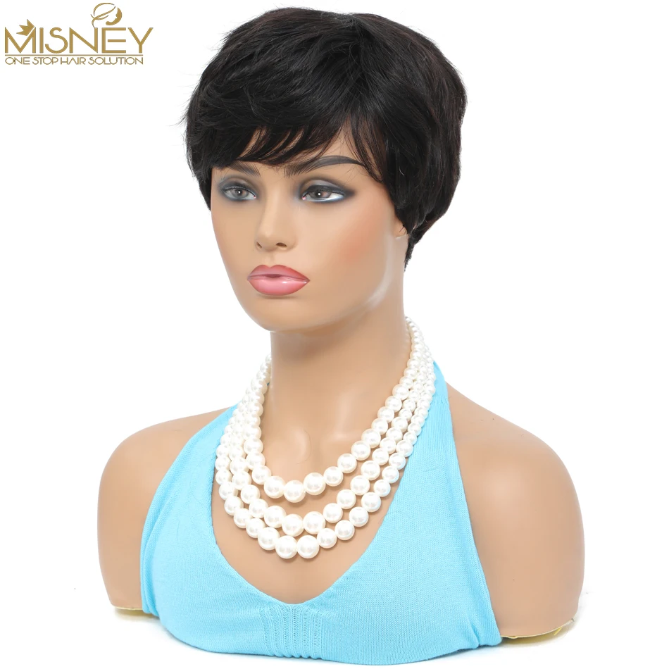 Human Hair Short Wigs Pixie Cut Wigs with Bangs Short Black Layered Wavy Wigs for Women 6inch 1B Color Full Machine Made