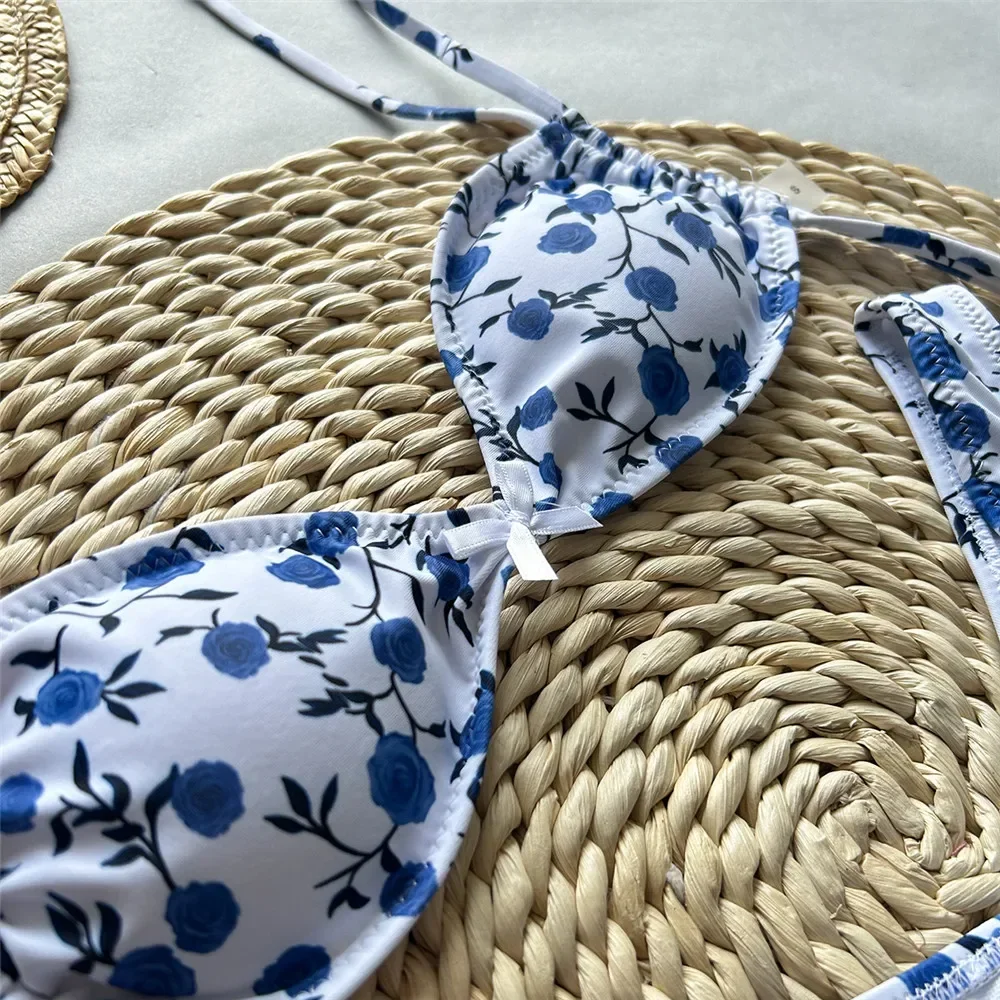 

Blue Floral Print Micro Bikini Thong Bandeau String Swimwear Sexy Swimsuit Women High Cut Bathing Suit Bow Bikinis Sets 2025