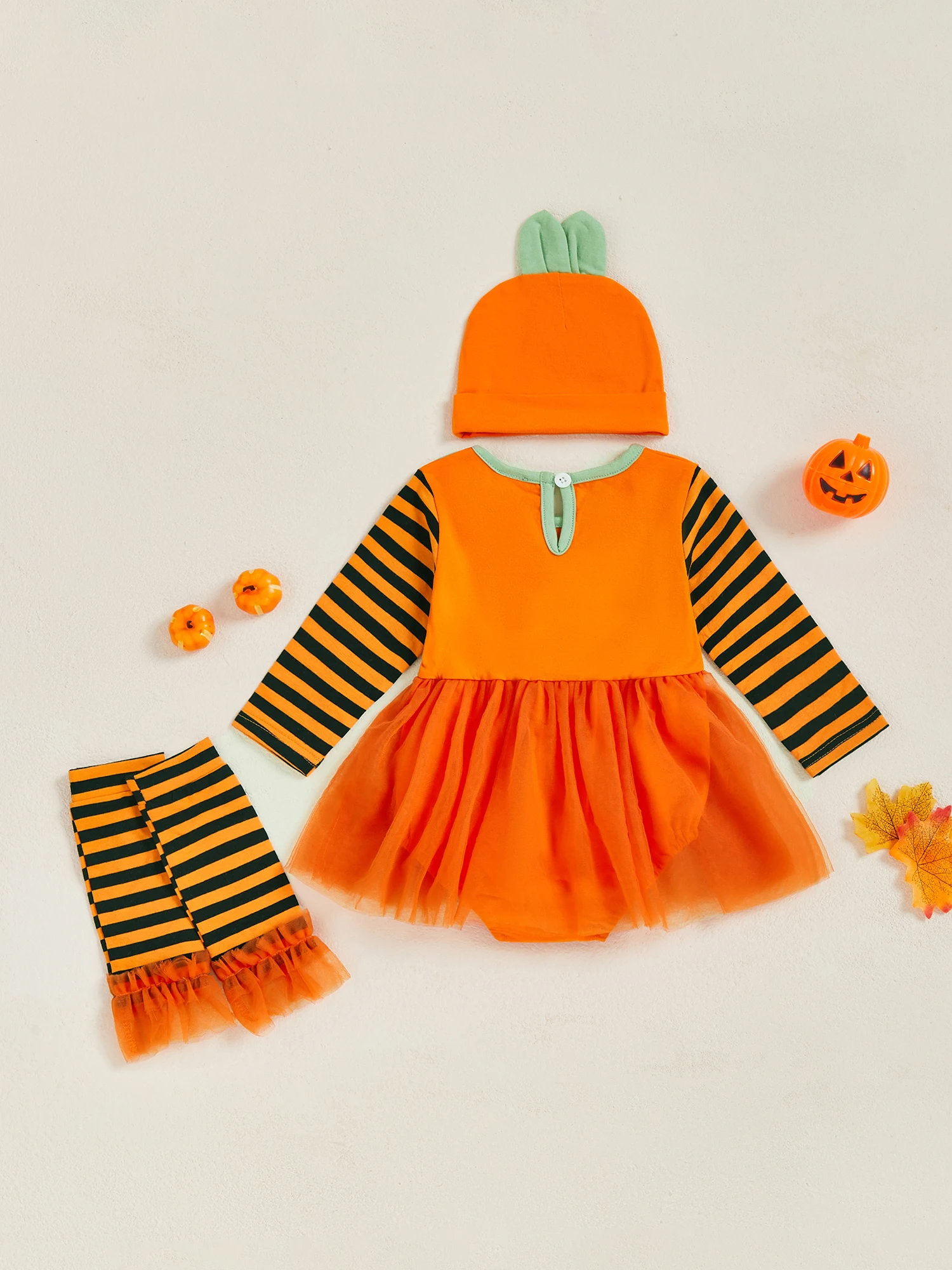 

Cute Toddler Halloween Outfit Set with Ghost Print Long Sleeve Romper Dress Hat and Leg Warmers for Baby Girl