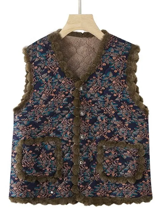 2025 Autumn Winter Thiened Floral Print Fce Lined Vest for Middle-Aged And ly Women Faionable Mommy Sle Jaet