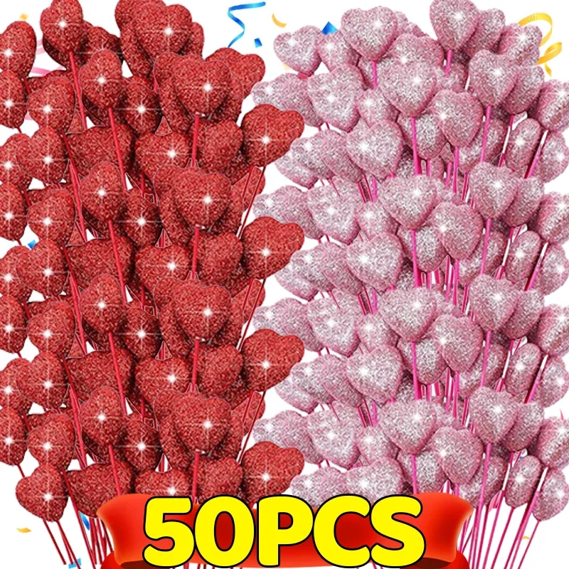 50-2pcs Love Heart Picks Stick Glitter Foam Cake Toppers Pink Red White Valentine's Day Wedding Flower Vase Decoration Bouquet