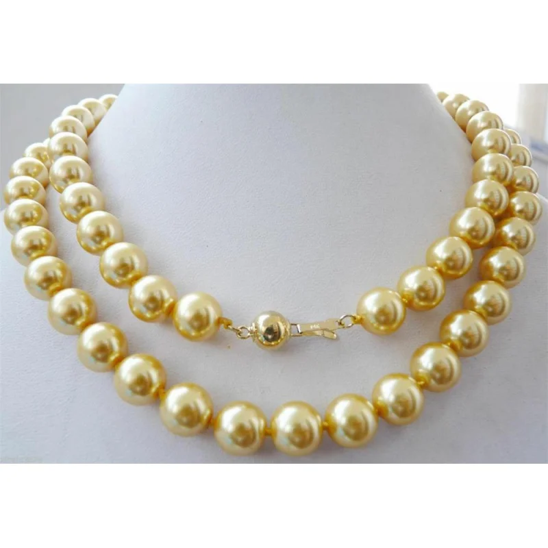 10MM Gold Yellow Real South Sea Shell Pearl Beads Long Necklace 32inch 14k Clasp