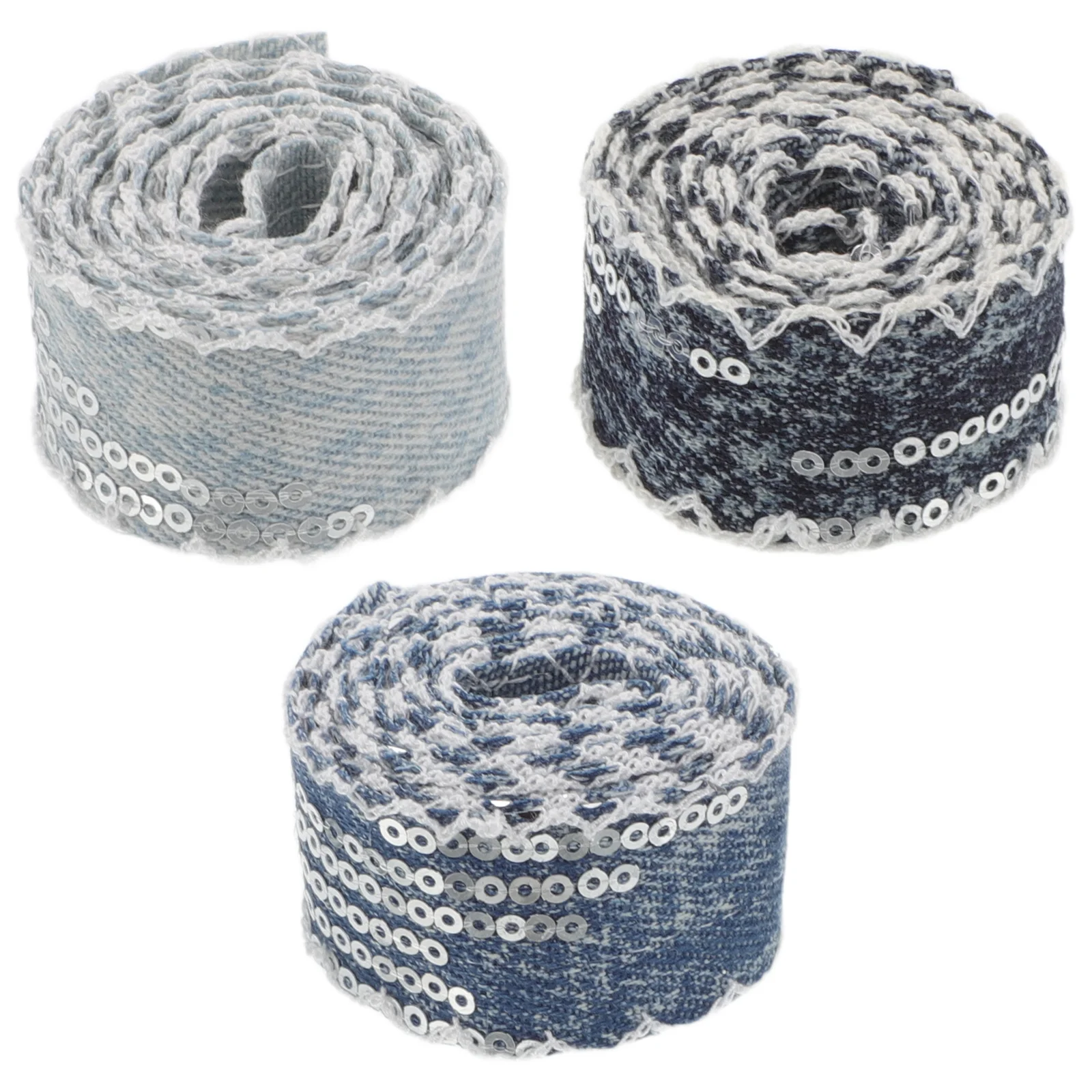 

3 Rolls Sequins Denim Fabric Ribbon Glitter Edge Trim for DIY Clothing Accessories Sewing Headbands Embellishment Decorative