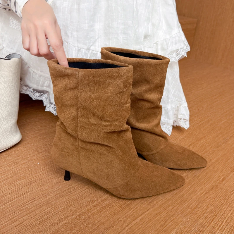 Pointed-toe Pile Single Boot Suede Melange Versatile Stretch Slim Pleated Mid-calf Women's Shoe
