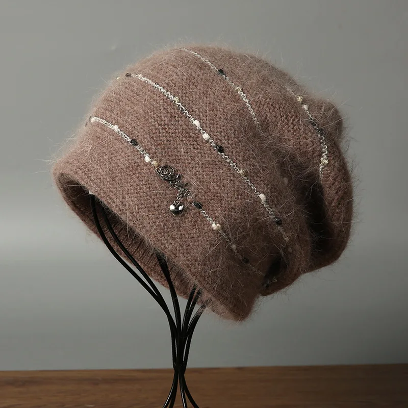 Adults Slouchy 60% Rabbit Fur Knit Beanie Hat Thermal Ear Protection Windproof Skull Cap Winter Warm Soft Fluffy Women