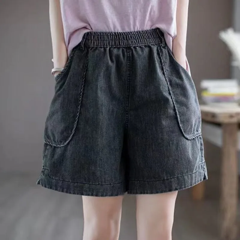 Women's 2024 Spring Summer New Commuting Minimalist Elastic High Waist Solid Color Spliced Pocket Loose A-line Short Five Jeans