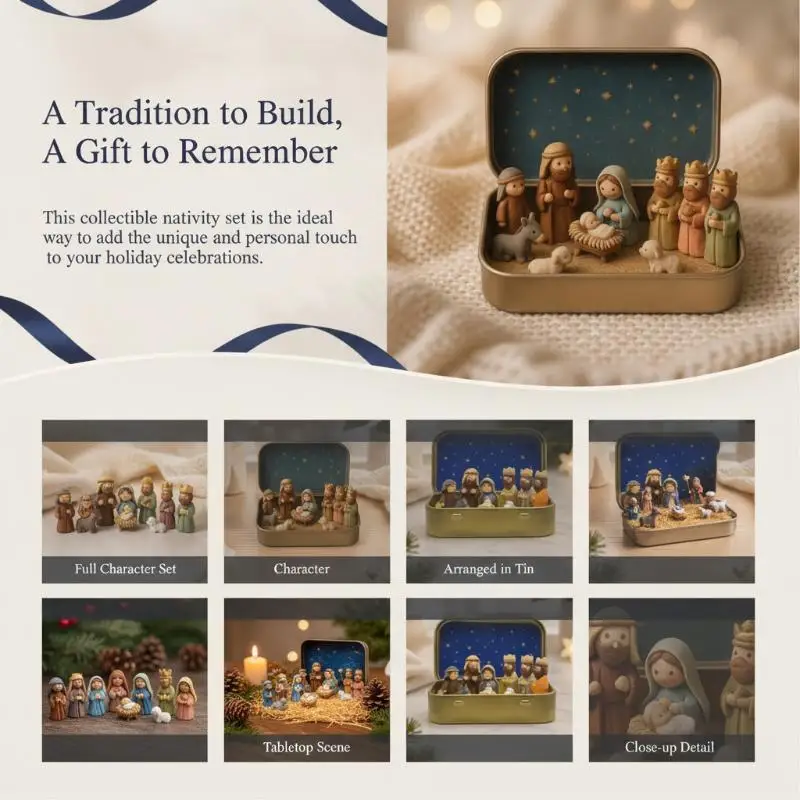 Mini Christmas Nativity Set In Tin Box Cute 3D Printed Figures Manger Set Iron Box For Christmas Home Decoration Holiday Gifts