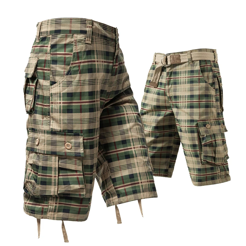 Mens Cargo Shorts Y2K Checkered Knee Shorts Homme Hunting Summer Overalls Camouflage Tactical Half Pants Cool Breathable Shorts