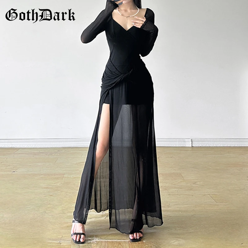 Goth Dark Techwear Elegant Fashion V-neck Irregular Hem Maxi Dress Female Gothic Party Gown Y2K Hot Mesh Patchwork Flods Dresses