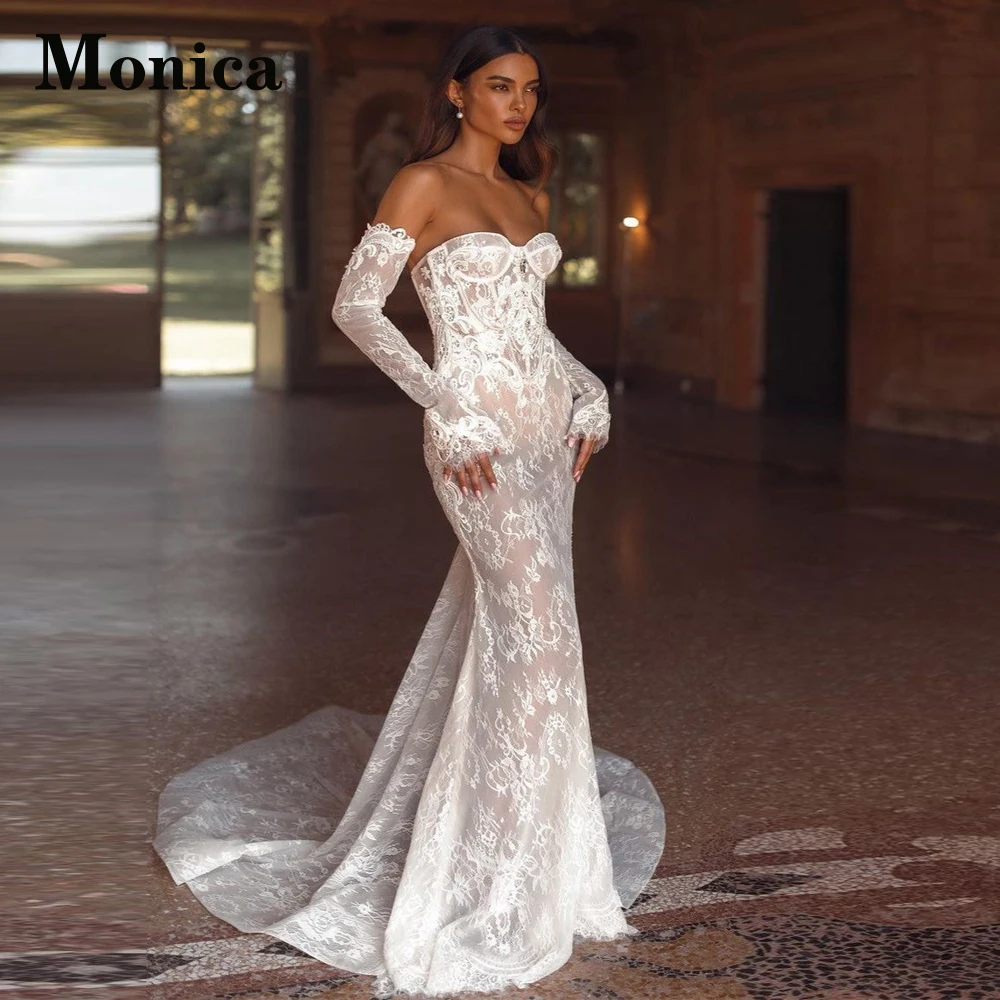 MONICA Romantic Backless Wedding Gown for Bride Sweetheart Court Train Crystals Appliques Vestidos De Novia Customised