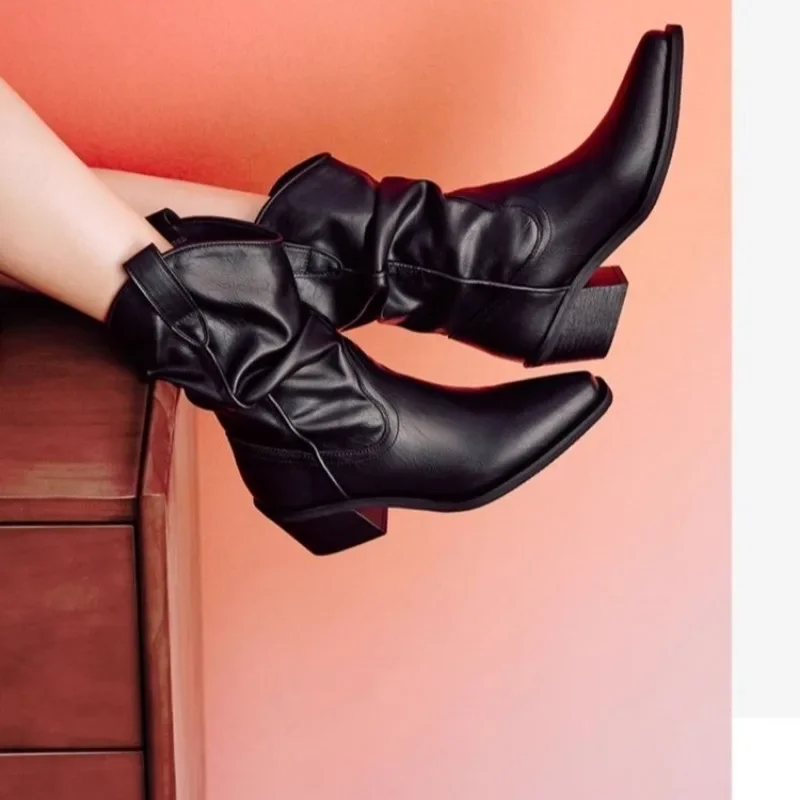 Botas vaqueras occidentales para mujer, zapatos de media pantorrilla de cuero PU con volantes, tacón grueso y Punta puntiaguda, Retro, Otoño e Invierno