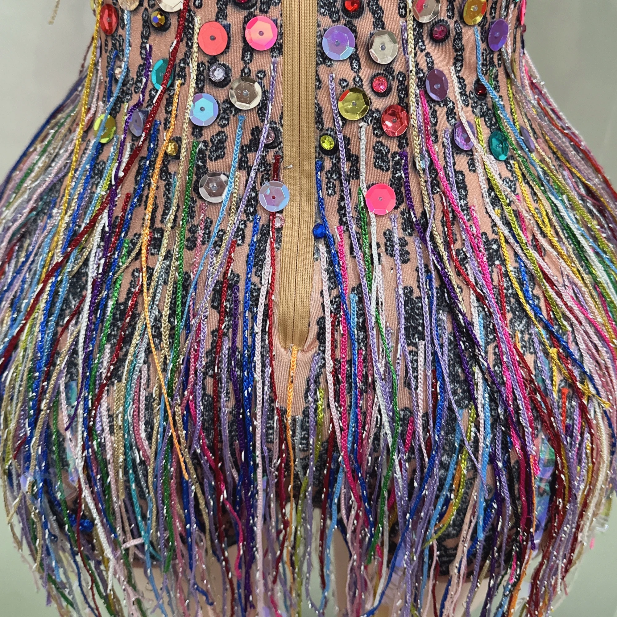 Colorful Tassels Sequins Sexy Sleeveless Sheath Bodysuit Evening Party Nightclub Dancer Perfprmance Costume Stage Wear