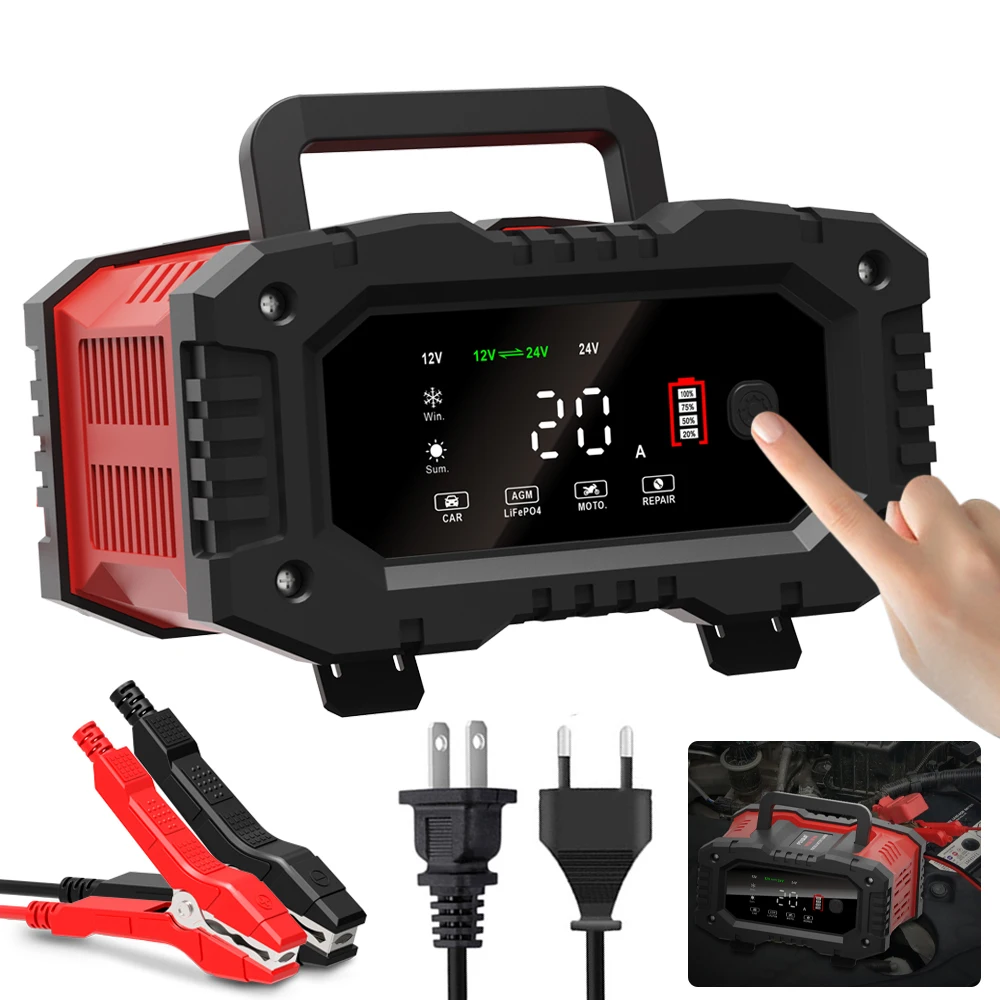 

20A 10A Fully Automatic Battery Charger 7-Stage 12V/24V Intelligent Charger Pulse Repair Maintainer for Lead Acid AGM LiFePO4