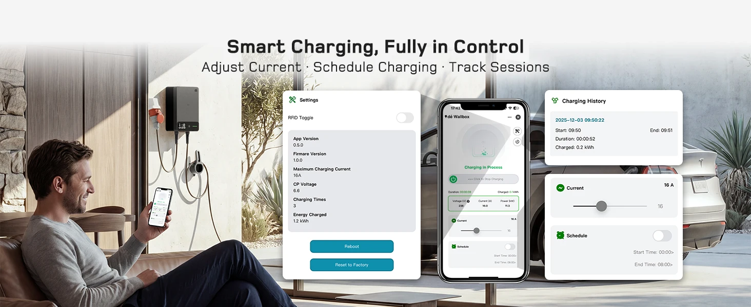 dé Wallbox Typ 2 11kW 16A 3-Phasen-Ladestation mit Tuya Smart App-Steuerung für Elektrofahrzeuge, 5m 7,5m 10m 12,5m 15m EV-Ladekabel – Detail 7