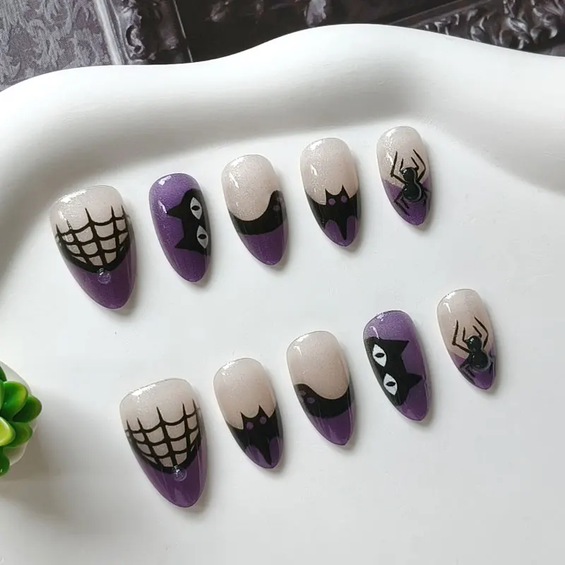 10Pcs Women Halloween Party Themed Purple Black Cat Rough Powder Cat Eye Press on Nails Europe & America Style False Nails Art