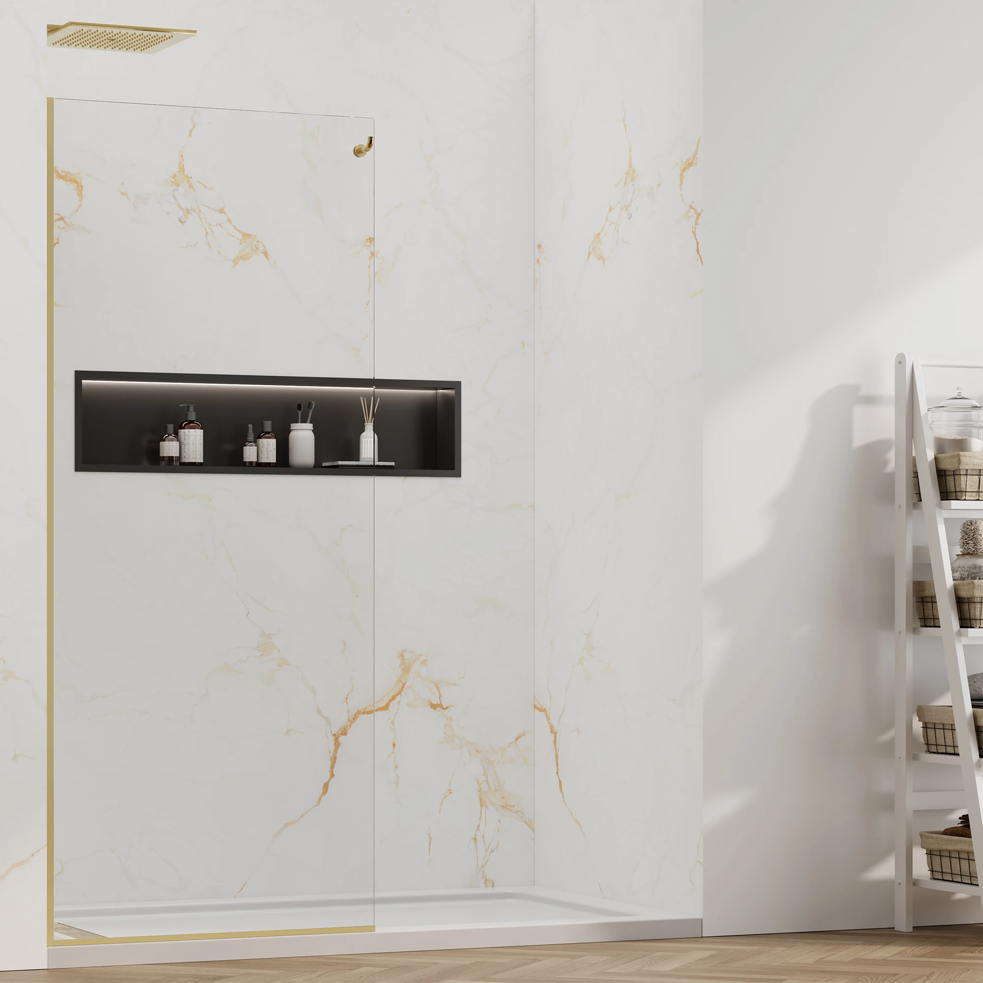 

32W"×76"H Fixed Glass Shower Panel, 10mm Thick Shower Glass Panel Half Wall, Frameless Glass Shower Door Hardware Brushed Gold