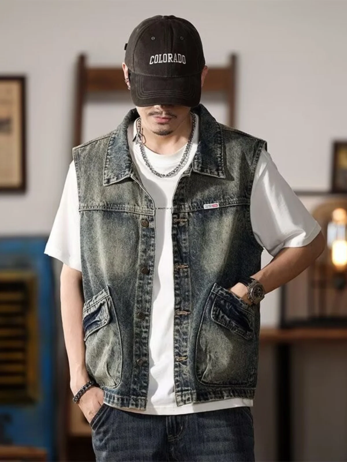 Retro American Denim Vest Men's Large Size Sleeveless Jacket with Big Pockets Youthful Vitality Style All-Season Casual Wear