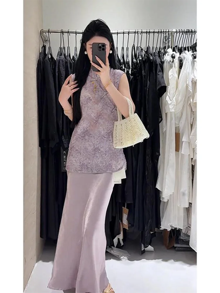 New Chinese Style Zen Inspired Sleeveless Vest And Skirt Set Women's High Waist Long Skirt Two Piece Set Floral Plant Pattern - view 4