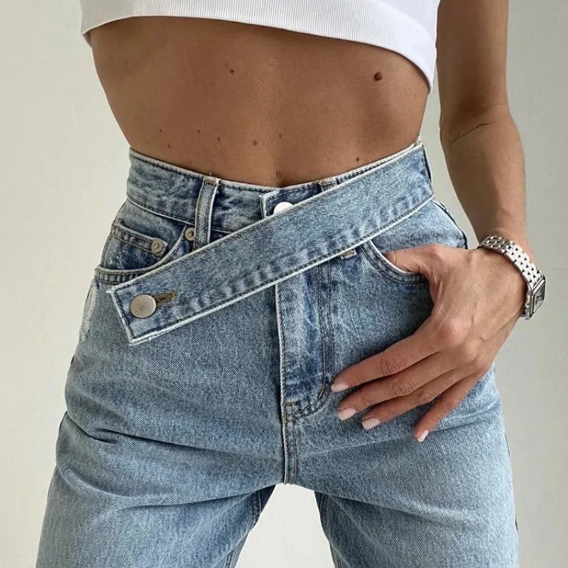 New Autumn Collection Women's Clothing Features Retro Slanted Belt Design High-waisted Straight-leg Wide-leg Floor-length Jeans