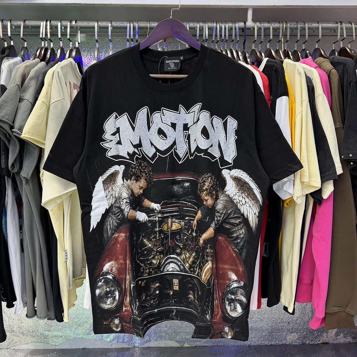 Oversized Funny T Shirts Emotion Graffiti Angel Car Print Streetwear Y2k Clothes Cotton Rhinestone Graphic Tee for Men Women