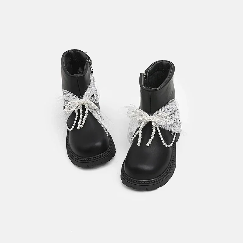 Girls Mid‑Calf Boots with Tulle Pearl Bow Decor,  PU Side‑Zipper Thick Non‑Slip Sole Sweet Princess Kids Fashion Boots