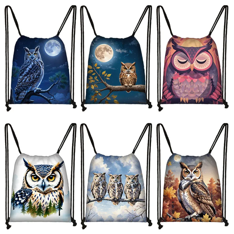 Watercolor Owl Backpacks Cartoon Owl Moon Children Drawstring Bag School Bags Outdoor Shoulder Bag Shoes Holder Storage Bags