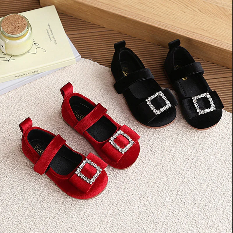 21-30 Size New Spring Kids Nude Shoes Sweet Soft Sole Children Flat Shoes Bow Square Buckle Girls Velvet Princess Shoes