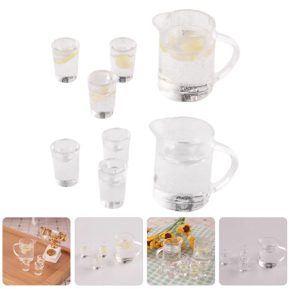 2Sets Miniature Water Lemonade Set Mini House Accessories Tiny Plastic Cups Kettles Ideal Mini Kitchen Decor Miniature Water
