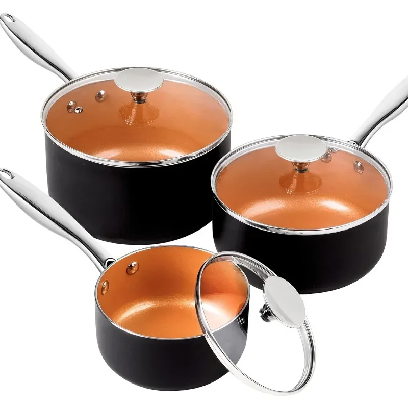 MICHELANGELO Sauce Pan with Lid, 1Qt & 2Qt & 3Qt Sauce Pan Set, Ceramic Saucepans with Lids, Copper Small Pots