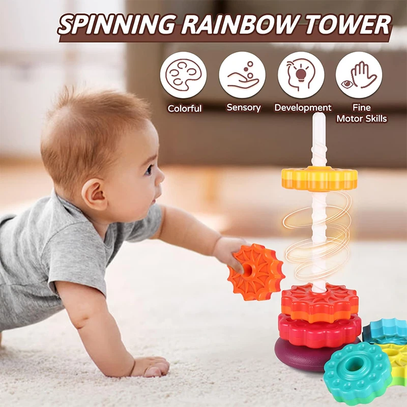 

Montessori Rotating Rainbow Tower Baby Stacking Puzzle Toys Safety and Environmental Protection Colored Children's Toys