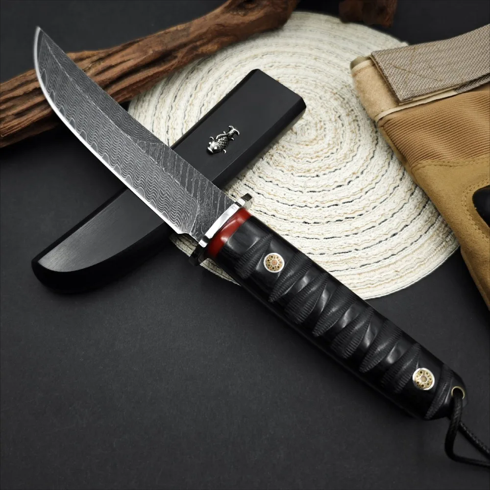 

Дамасское лезвие, ручка из черного дерева, деревянная оболочка, охотничий нож, уличный тактический нож, инструмент для выживания в дикой природе, EDC, рождественский подарок