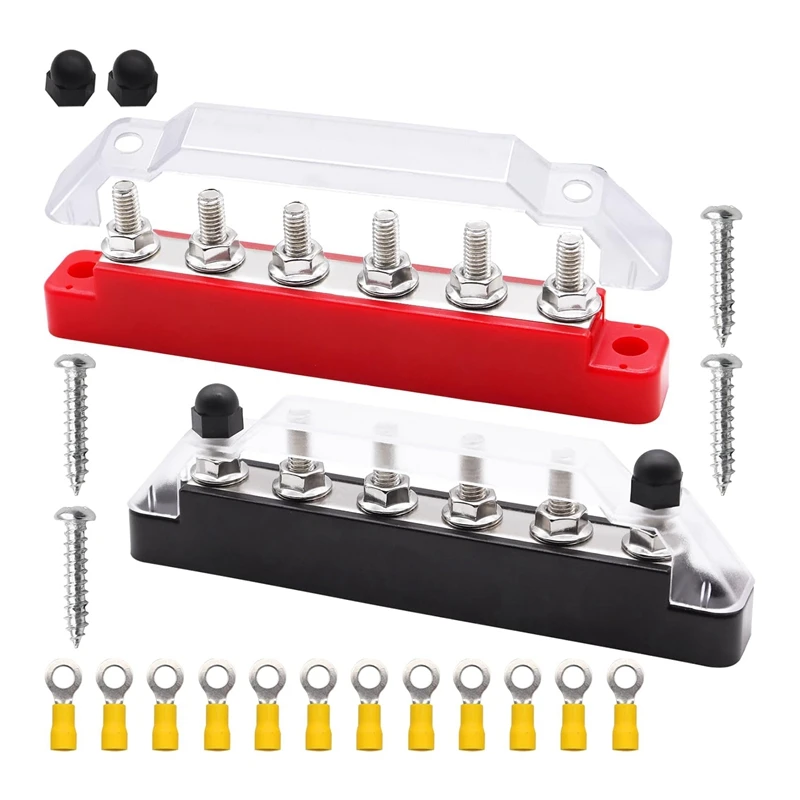 Battery Bus Bar 6 X 1/4Inch (M6) Terminal Studs 12V Power Distribution Block With Cover And Ring Terminals, Max 300V AC Durable