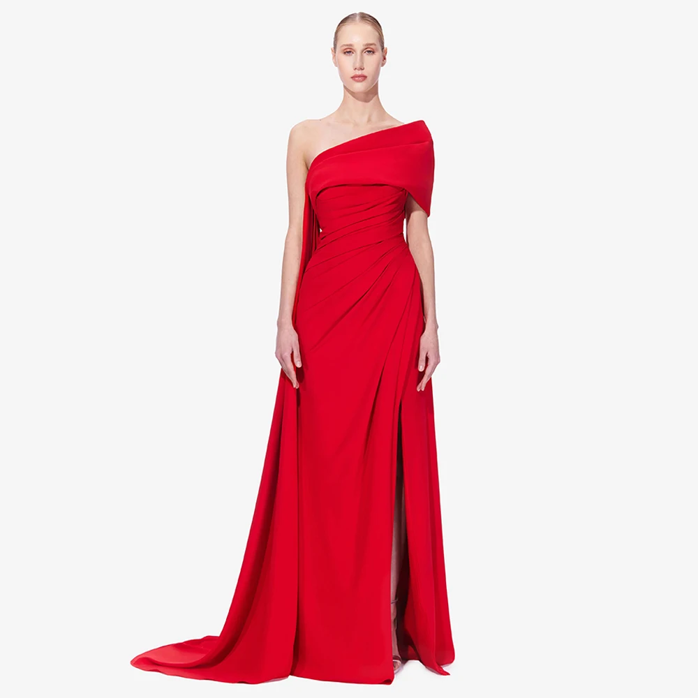 Red Evening Dress Robe De Soiree Elegant Off The Shoulder Ruched Pleat Slit Mermaid Prom Gown Saudi Arab Formal Party Dresses