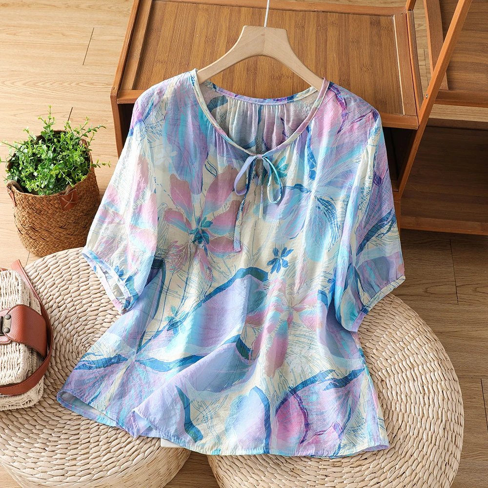 Breathable Cotton Polyester Blend T-Shirt Women's Loose Fit Printed Ultra Thin Summer Shirt Casual Short Sleeve Top