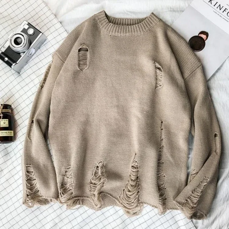 Gothic Grunge Solid Knitted Sweater Men and Women Long Pullovers Loose Hole Punk Sweaters Jumpers Mujer Jersey  Streetwear