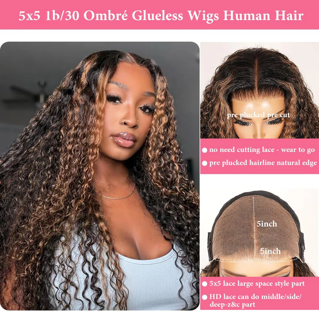 5x5 1B/30 Balayage Ombre Lace Front Wigs Human Hair 210% Density Glueless Wigs Human Hair Pre Plucked Pre Cut 22 Inch Deep Wave Wigs For Women With Drawstring Cap Beginner Friendly