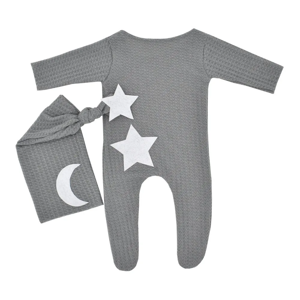 Ylsteed Newborn Footed Romper for Photoshoot Moon Star Patch Photography Outfit Baby Boy Picture Props Long Sleeve Jumpsuit