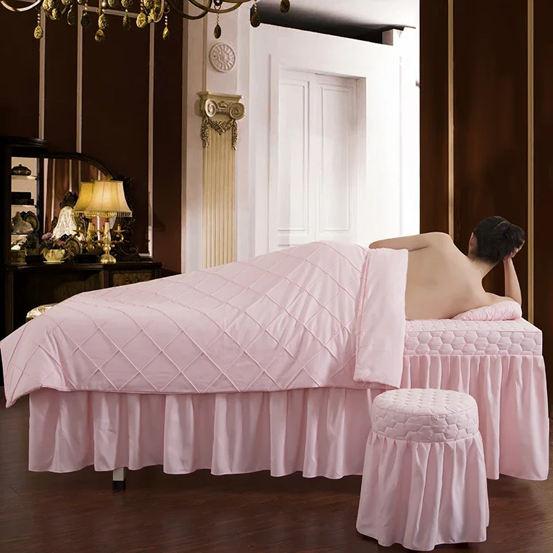 Beauty Bedcover Diamond Plaid 4pcs Beauty Salon Bedding Set Solid Massage Spa Thick Bed Linens Sheets Duvet Cover Set