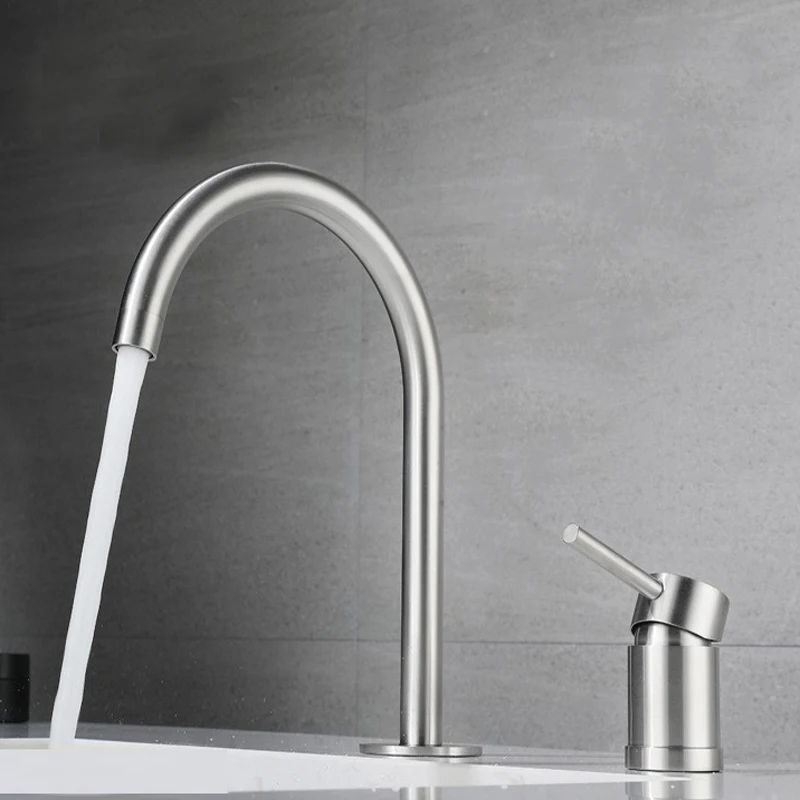 Deck Mounted Double Hole Basin Sink Faucets 1 Handle Hot and Cold Mixer Tap Stainless Steel Bathroom Vanity Sink Faucets
