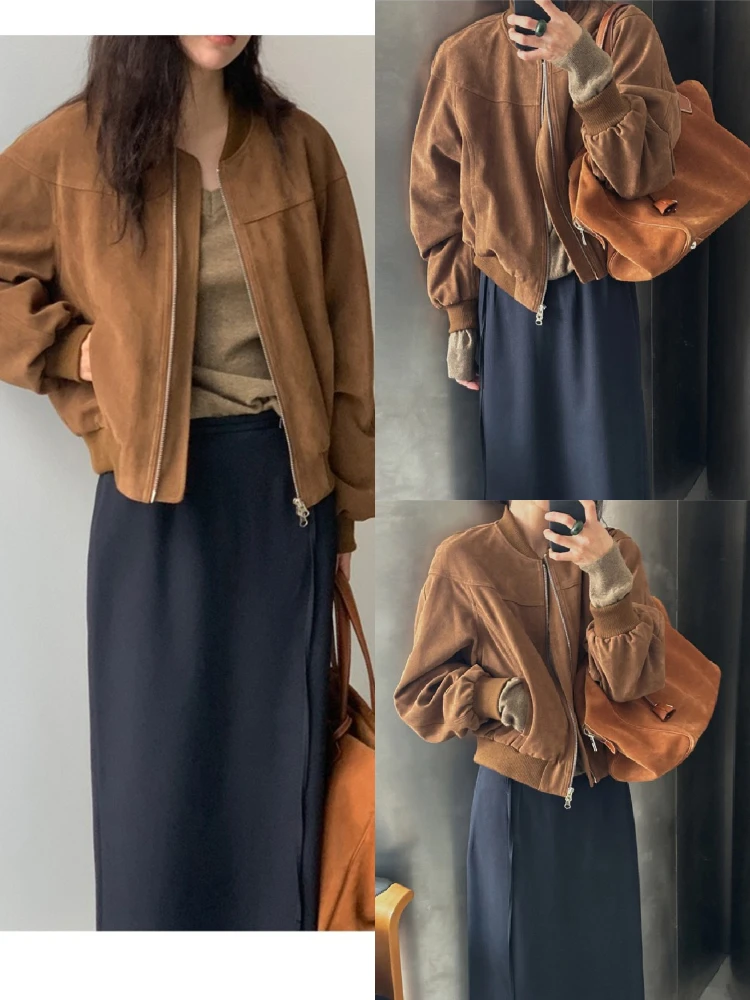 

Осенняя замшевая бейсбольная куртка, женская свободная повседневная универсальная верхняя одежда Dongda Gate, пальто с отделкой оленя для женщин