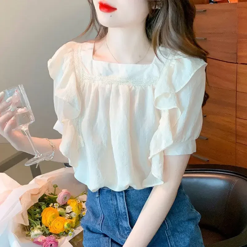 

Новинка 2025, высококачественная модная абрикосовая шифоновая женская лоскутная рубашка с квадратным вырезом, летняя рубашка супер феи с короткими рукавами