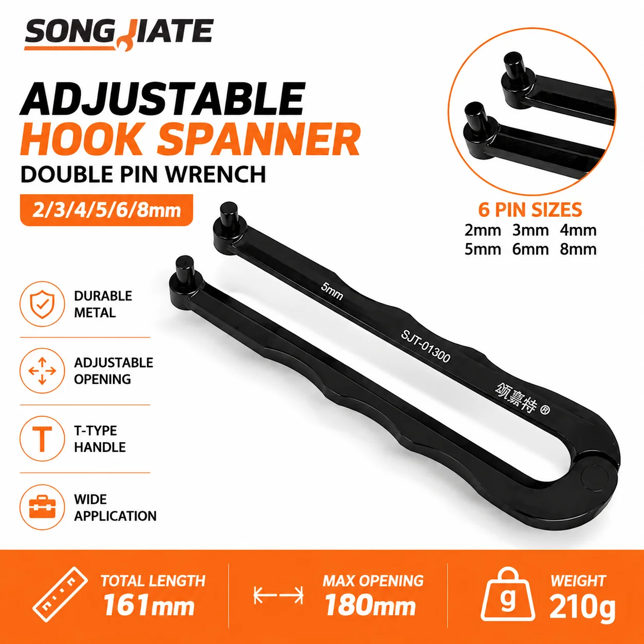 SONGJIATE Adjustable Hook Spanner Double Pin Wrench Round Nut Removal Tool Multi Sizes Angle Grinder Hammer Oil Cap Repair Tool
