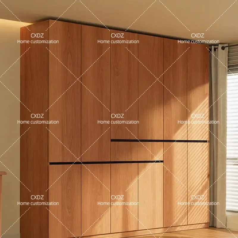 Nordic Oak Solid Wood Wardrobe Free Handle Design Segmented Cabinet Bedroom Home Storage Assembled Finished Log Color