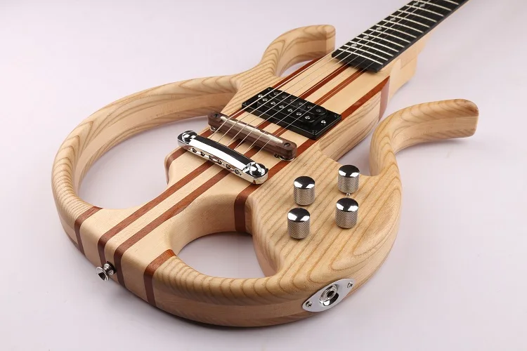 GECKO Hollow Electric Guitar Natural Solid Mahogany Wood Neck-Thru Body Silent Electric Guitar With Built-in Distortion Pedal