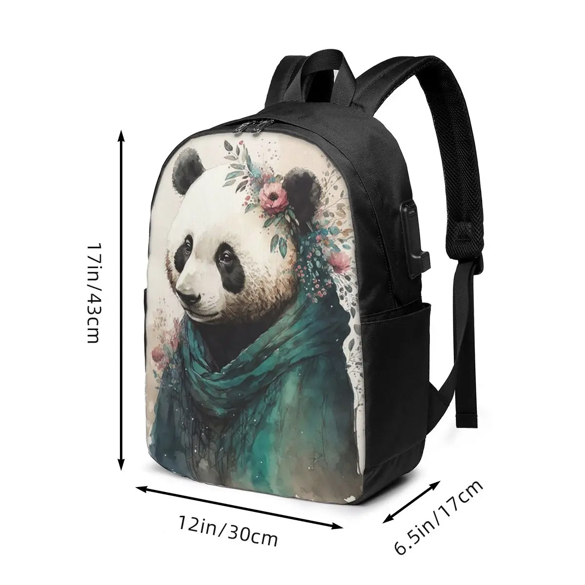 Watercolor Artwork Panda With Flowers Backpack Travel Notebook Bag Computer College Student School Bag Laptop Shoulder Bags