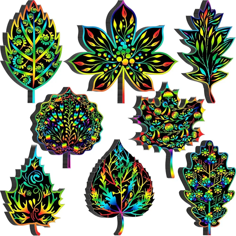 

80 шт. скретч-карточек с осенними листьями для взрослых, наборы для творчества с кленовыми листьями, принадлежности для вечеринки в честь Дня благодарения, красочные скретч-карты