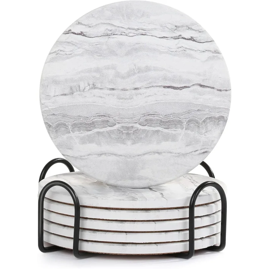 

Drink Coasters with Holder for Coffee Table Absorbent Coaster Set of 6 Marble Style Ceramic Coaster for Wooden Table Suitable f